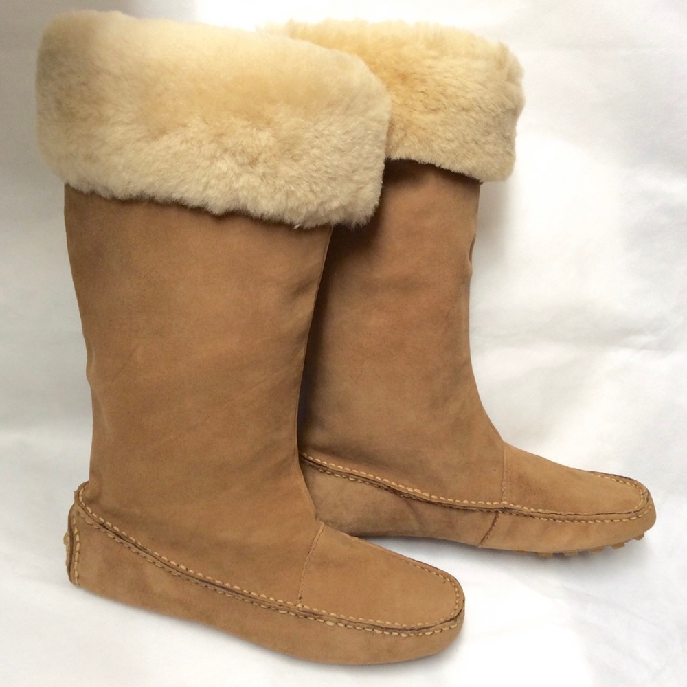 Dexter Tan Camel Shearling Sheepskin Boots Brown Suede Leather Winter Snow Boots